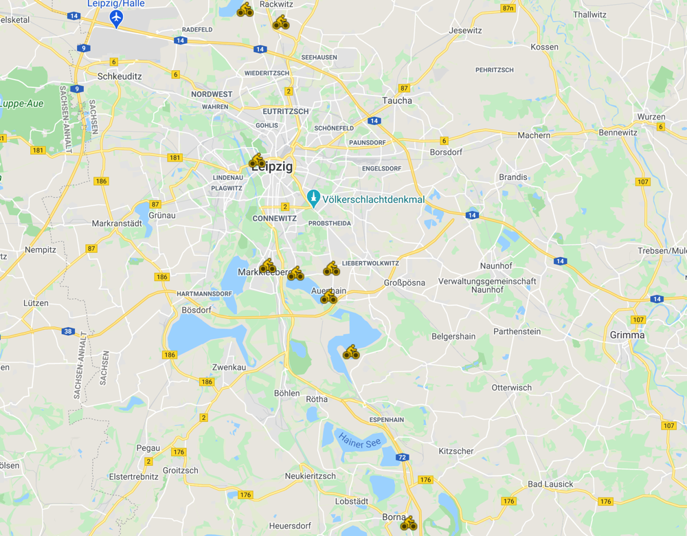 Karte Fahrradverleihstationen von Grupetto in und um Leipzig - geprüfte und gepflegte Fahrräder in Leipzig einfach ausleihen